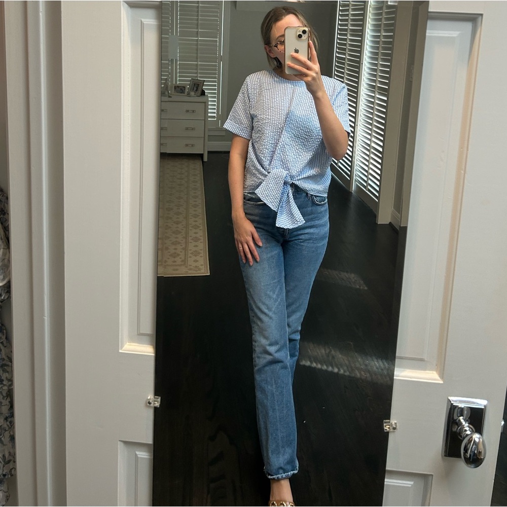 Blue and white gingham seersucker front tie blouse